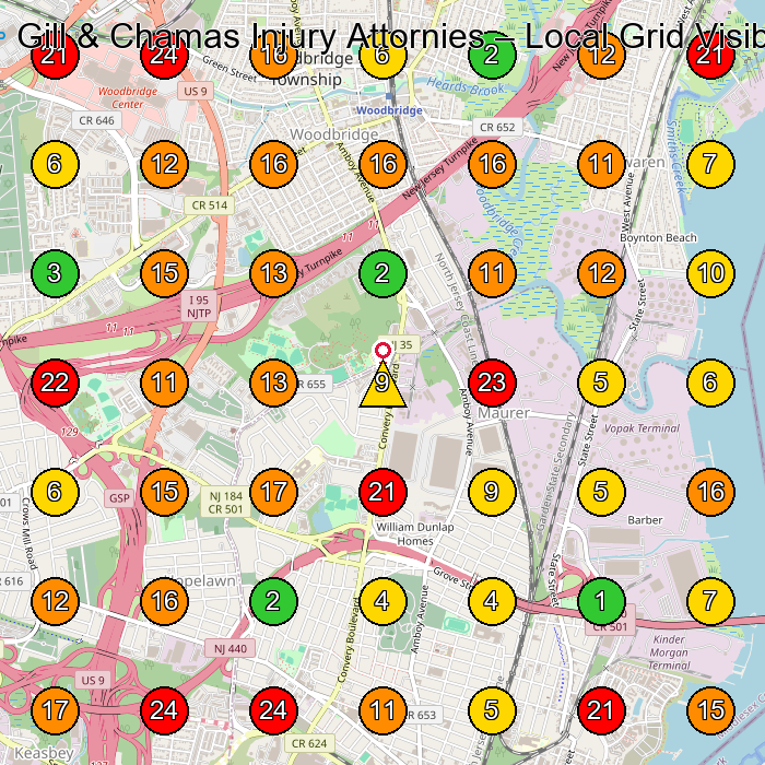 Gill & Chamas Injury Attornies Personal Injury Attorney GeoGrid ranking map for Woodbridge NJ